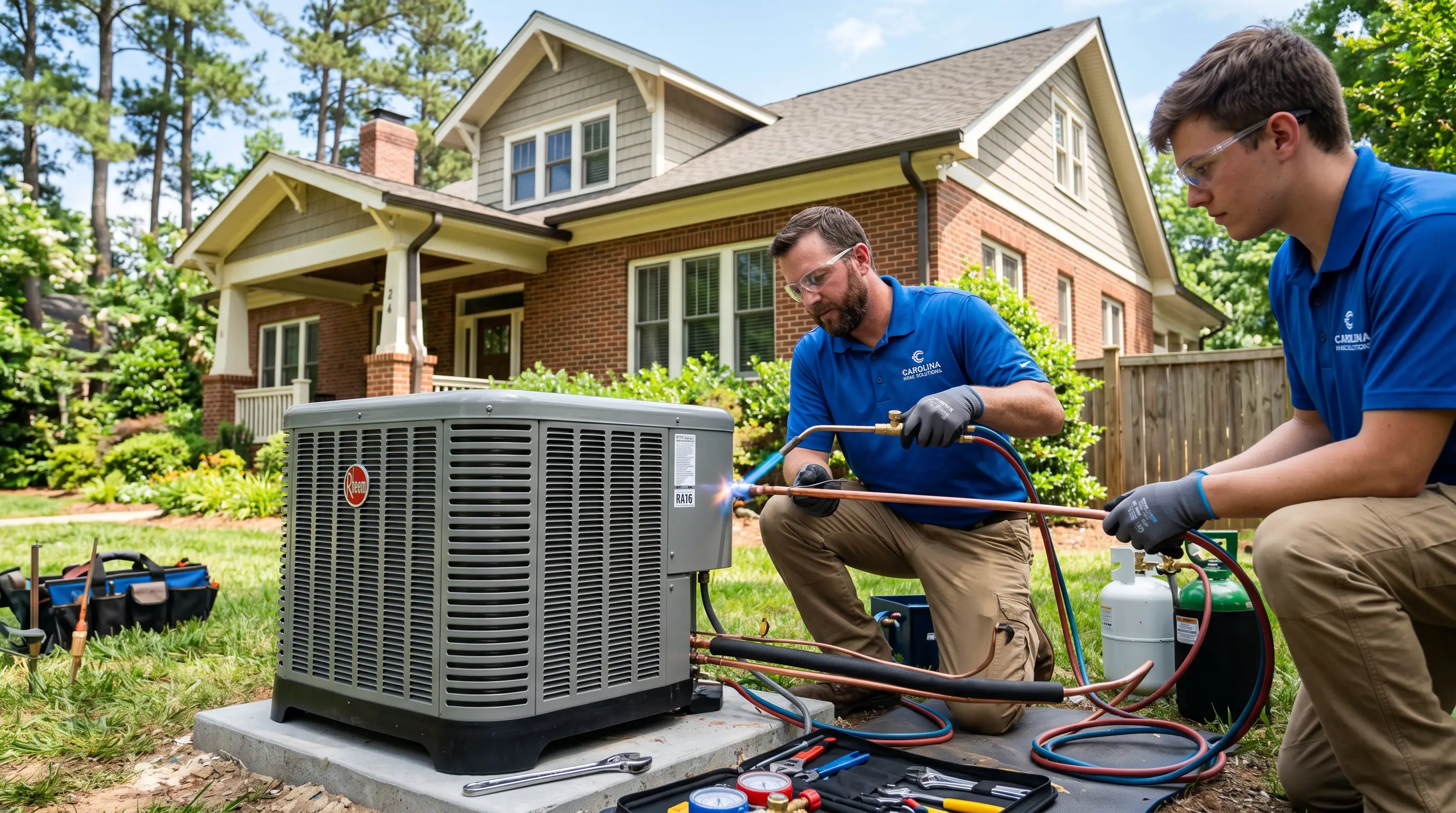 HVAC technicians brazing copper refrigerant line connections on a new outdoor AC condenser unit during installation