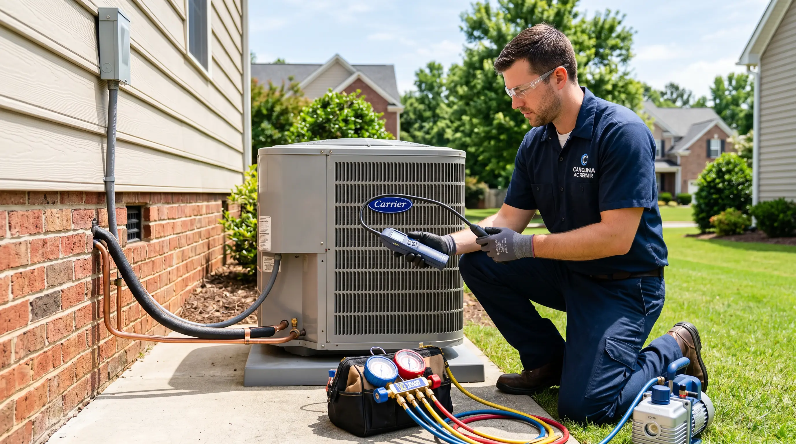 HVAC technician using a refrigerant leak detector on an outdoor AC condenser with manifold gauges on the ground