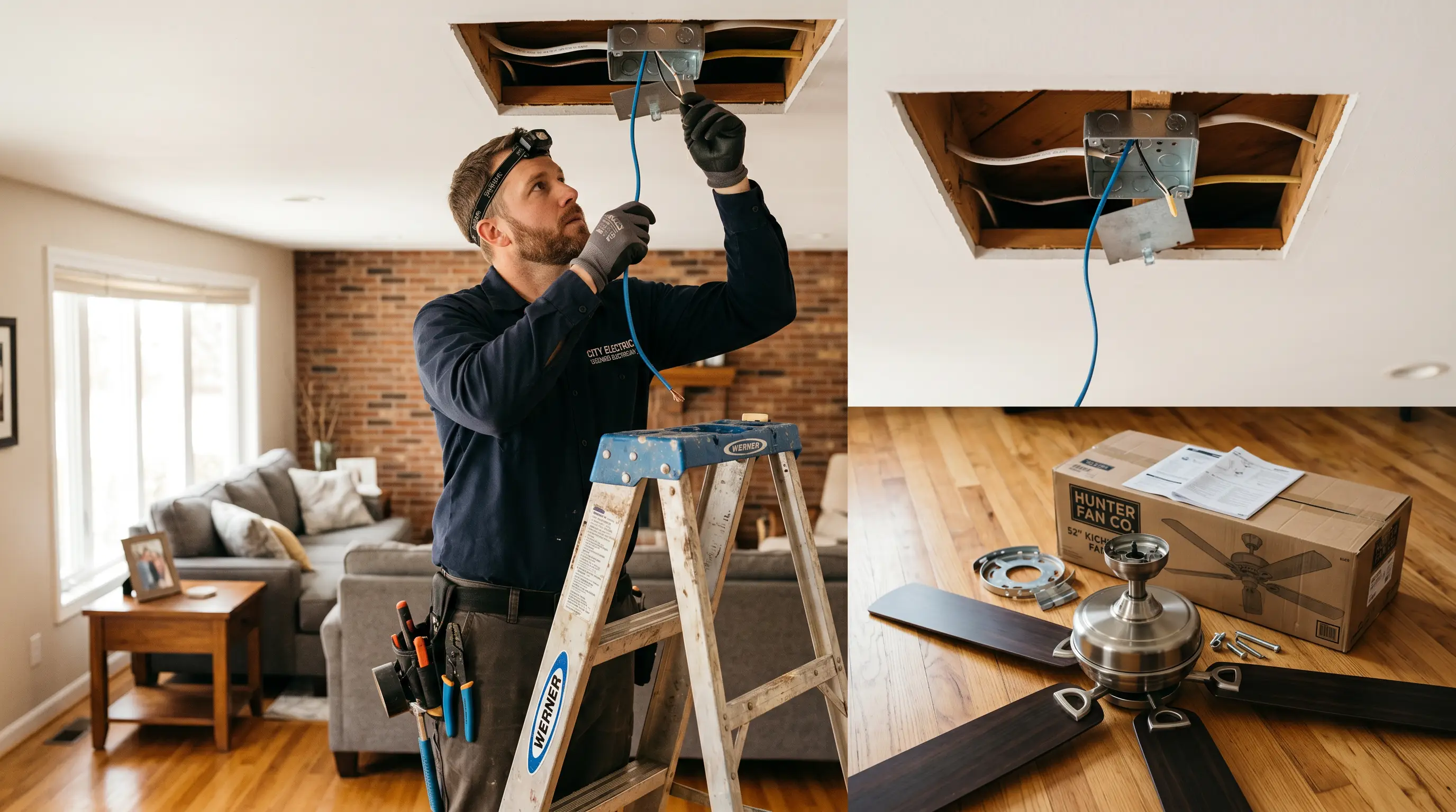 Electrician on a step ladder running wire through a ceiling junction box during a ceiling fan installation