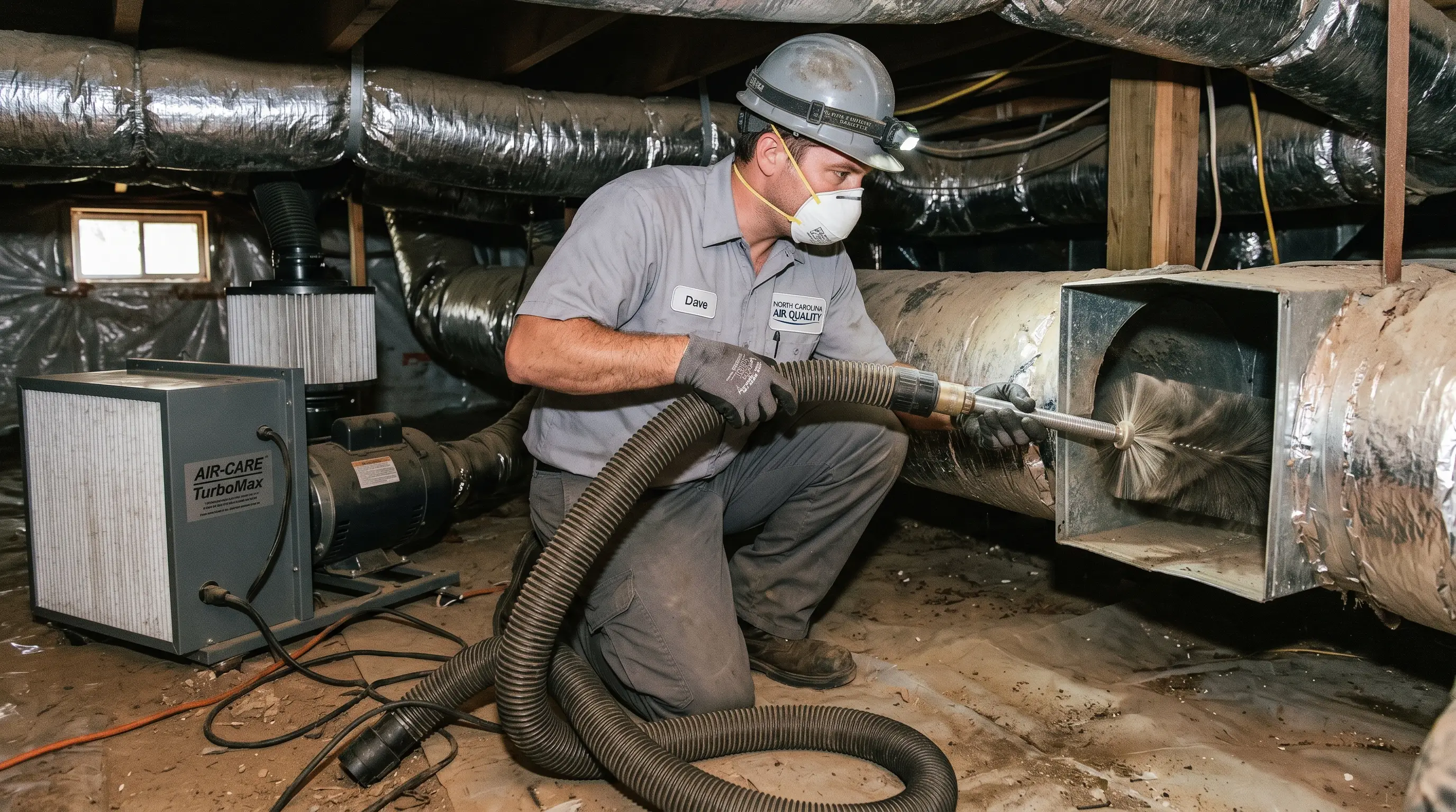 HVAC technician using a flexible rotating brush and HEPA negative-pressure vacuum to clean inside a main supply duct trunk