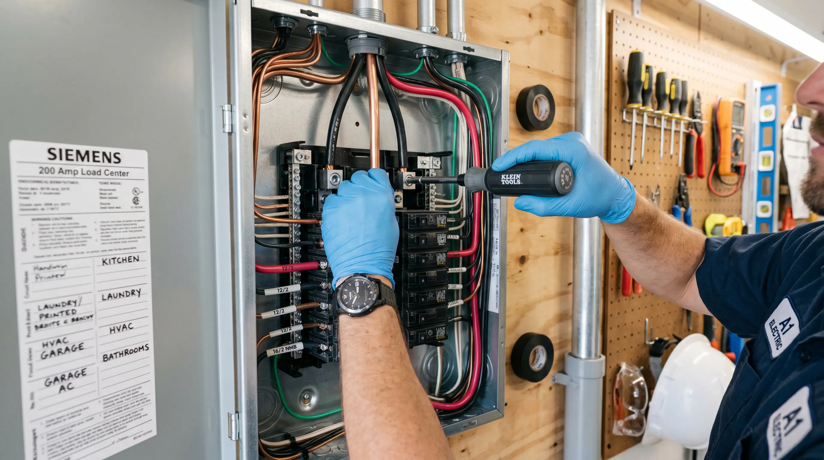 Close-up of an electrician's hands wiring a 200-amp electrical service panel with neatly bent copper conductors