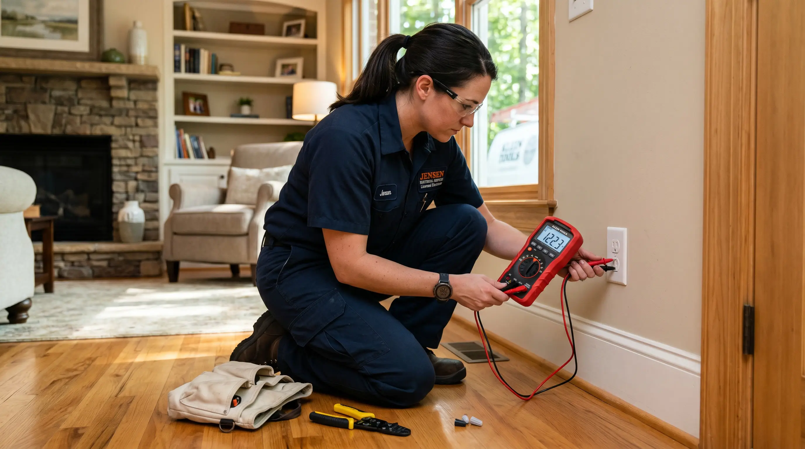 Carolina home electrical repair — multimeter reading voltage at an outlet with screwdriver and wire strippers nearby