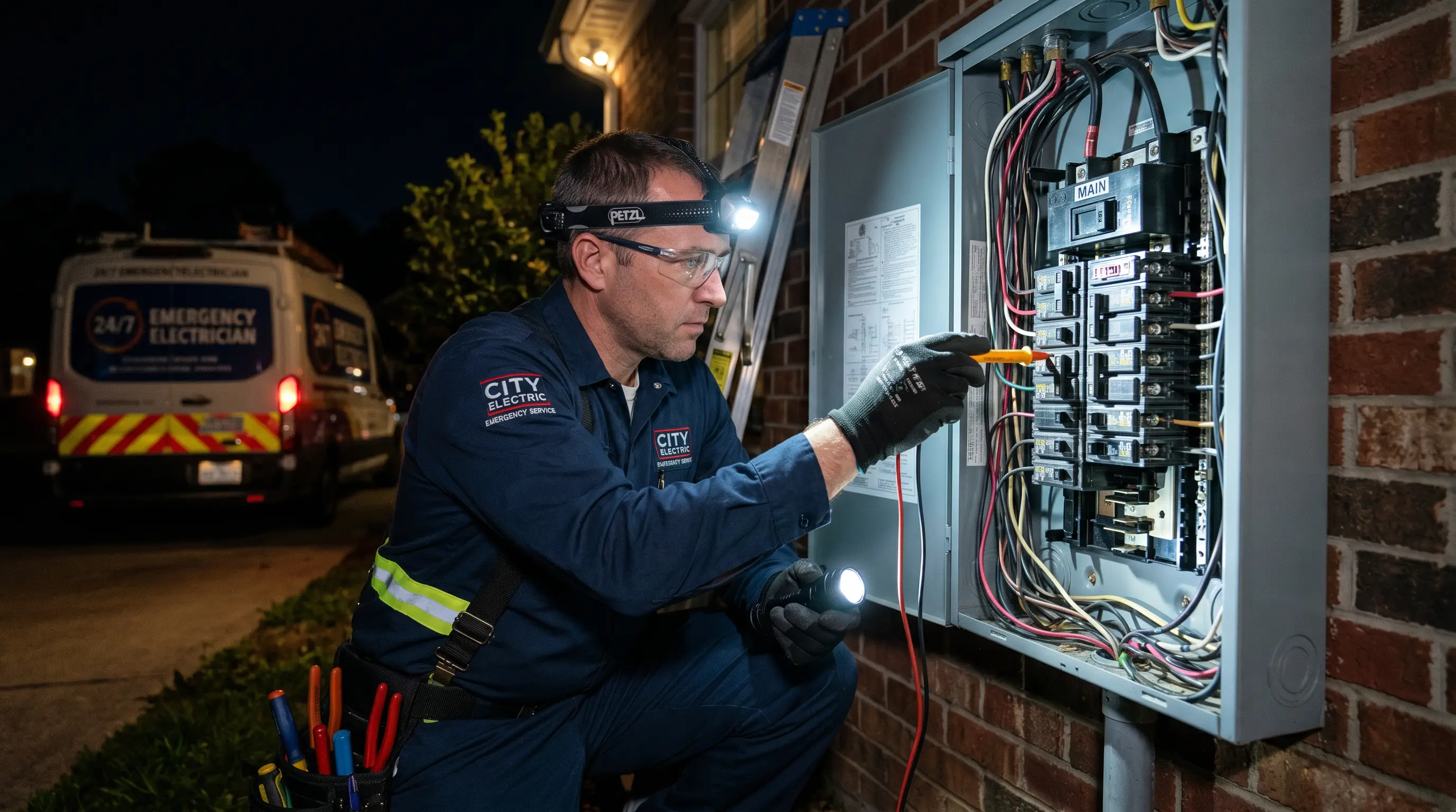 Emergency electrician troubleshooting a tripped main breaker at night with a head-mounted work light