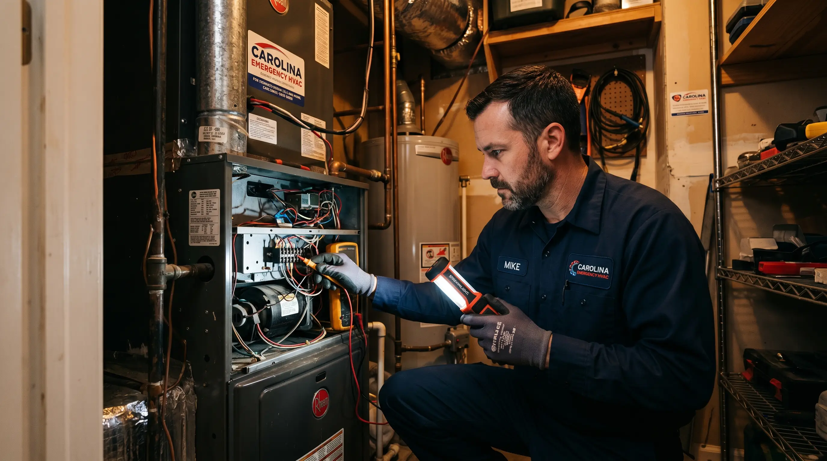 Emergency HVAC technician using a flashlight to diagnose a failed air handler furnace inside a Carolina home utility closet at night