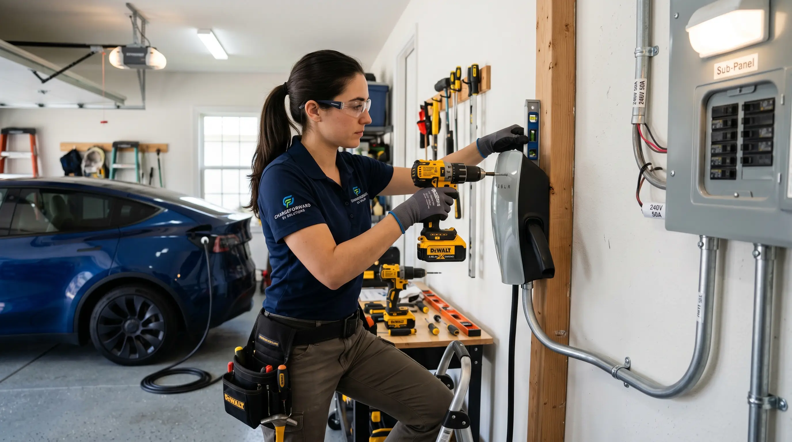 Electrician mounting a Level 2 EV charger to a garage wall stud with conduit running to the electrical panel