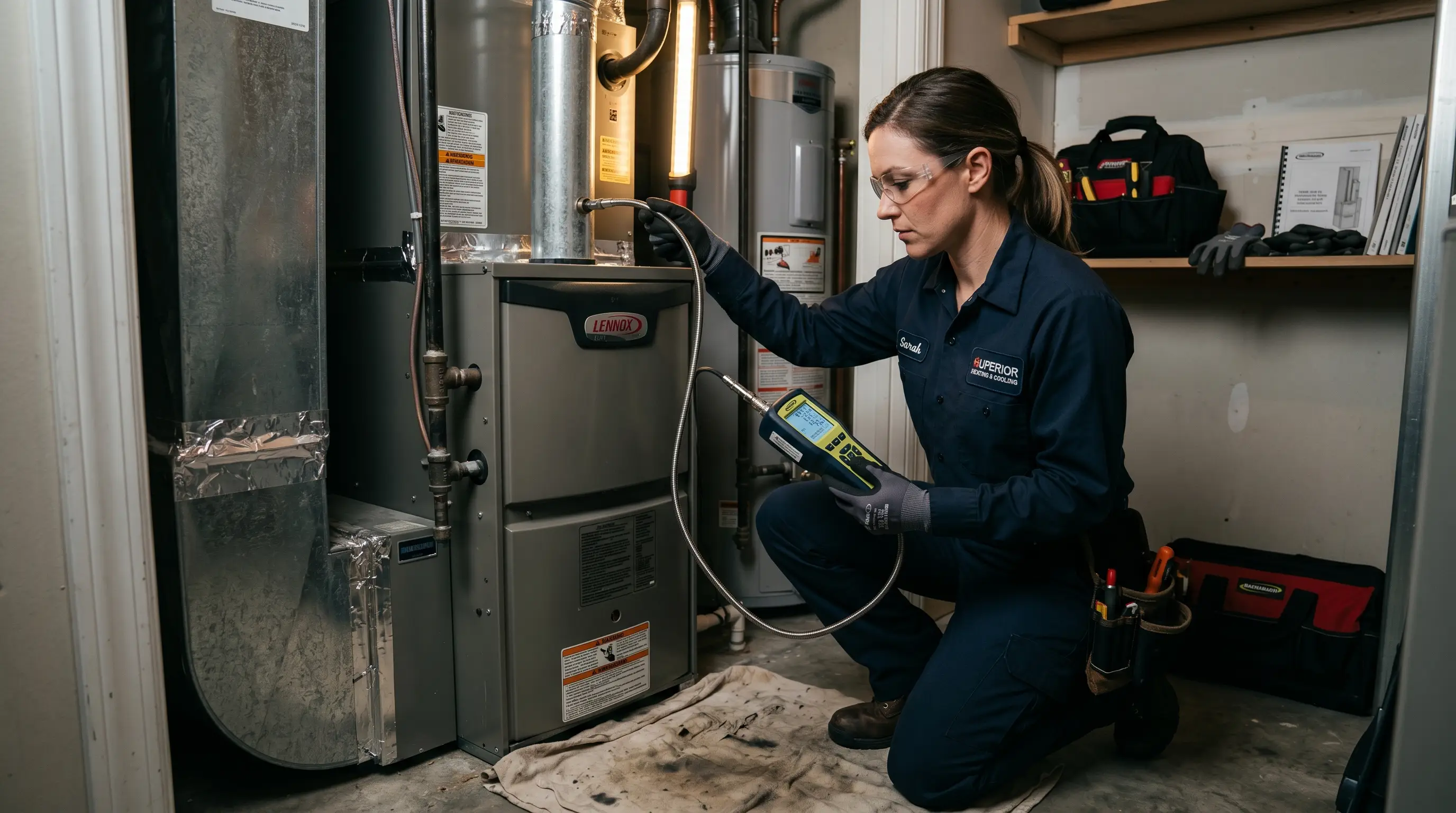 HVAC technician using a combustion analyzer to test CO and flue gas levels on a residential gas furnace