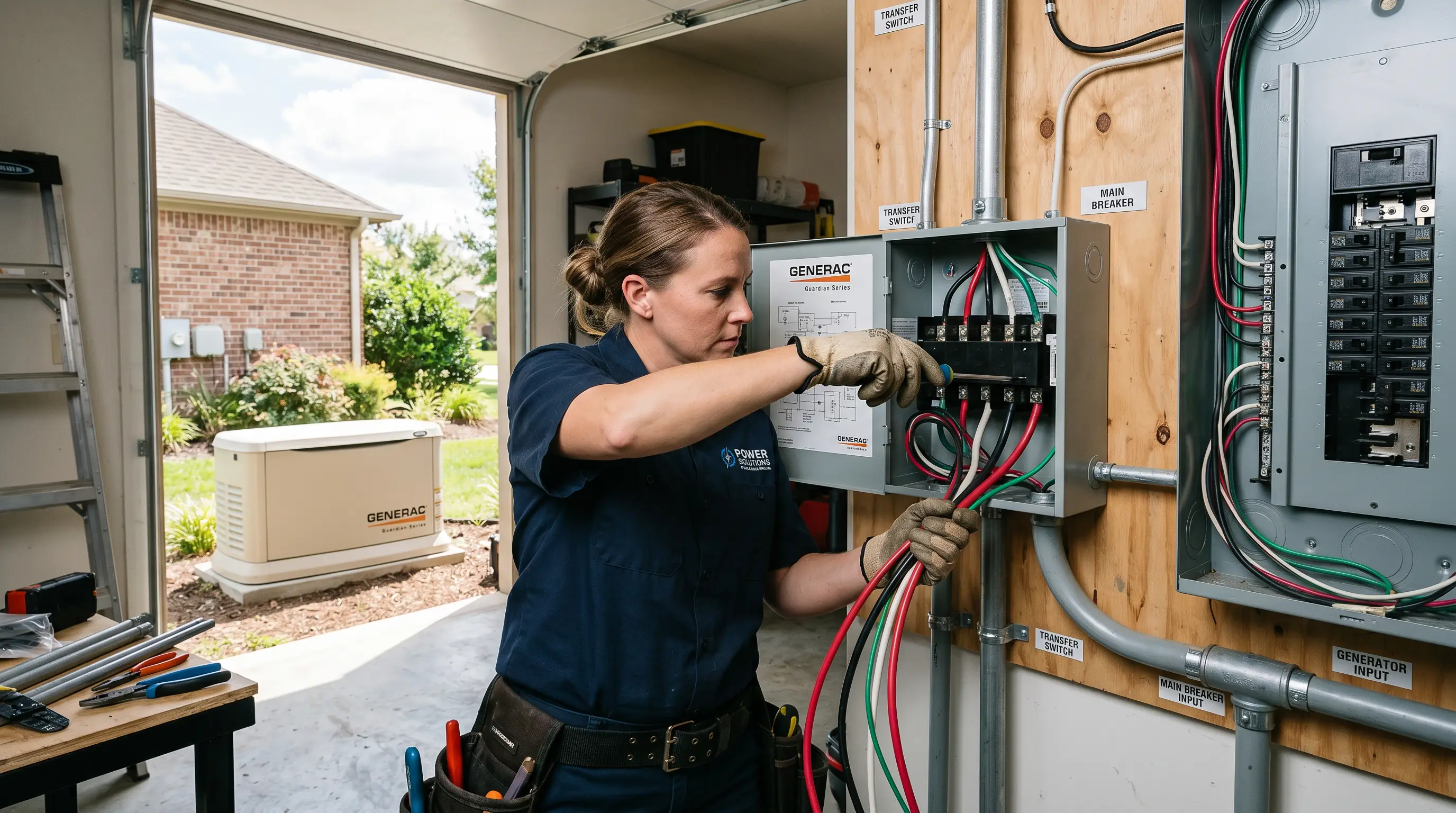Electrician connecting a transfer switch to a residential electrical panel during a standby generator installation