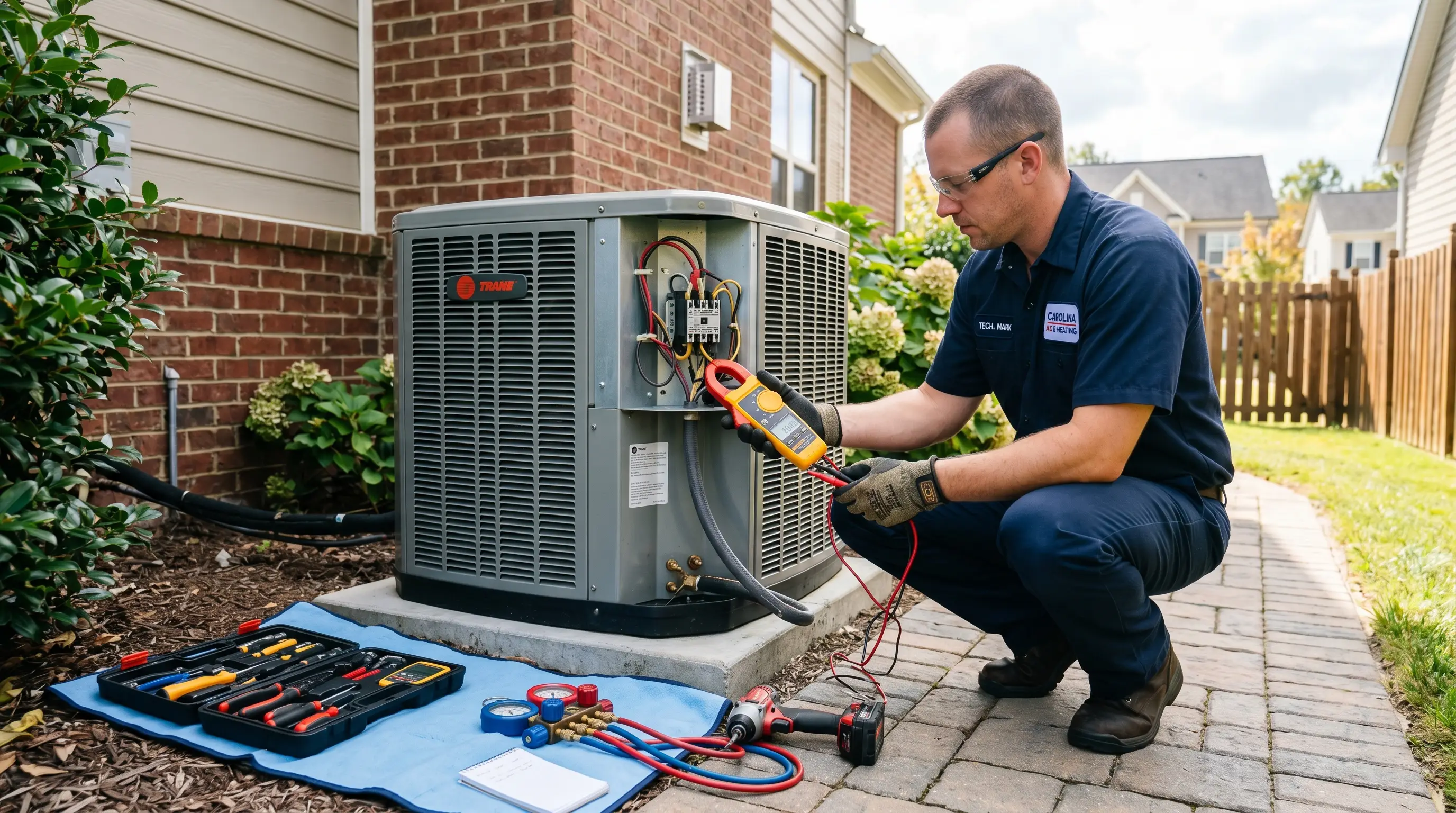 HVAC technician using a digital clamp meter on the contactor wiring of an outdoor heat pump during service