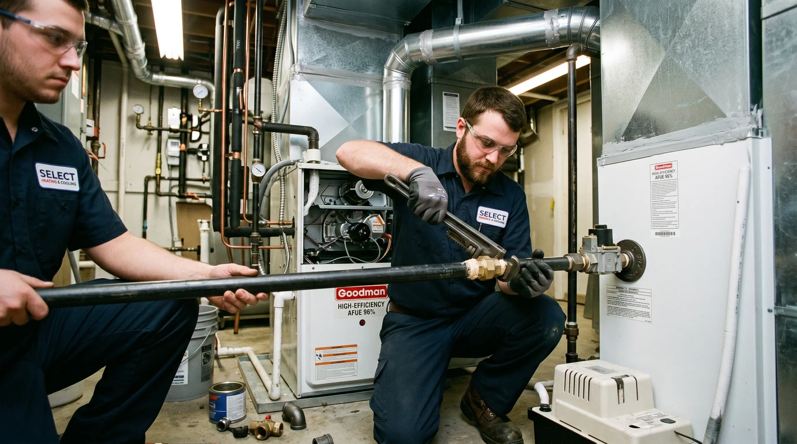 HVAC technicians connecting a black iron gas line to a new high-efficiency furnace during heating system installation