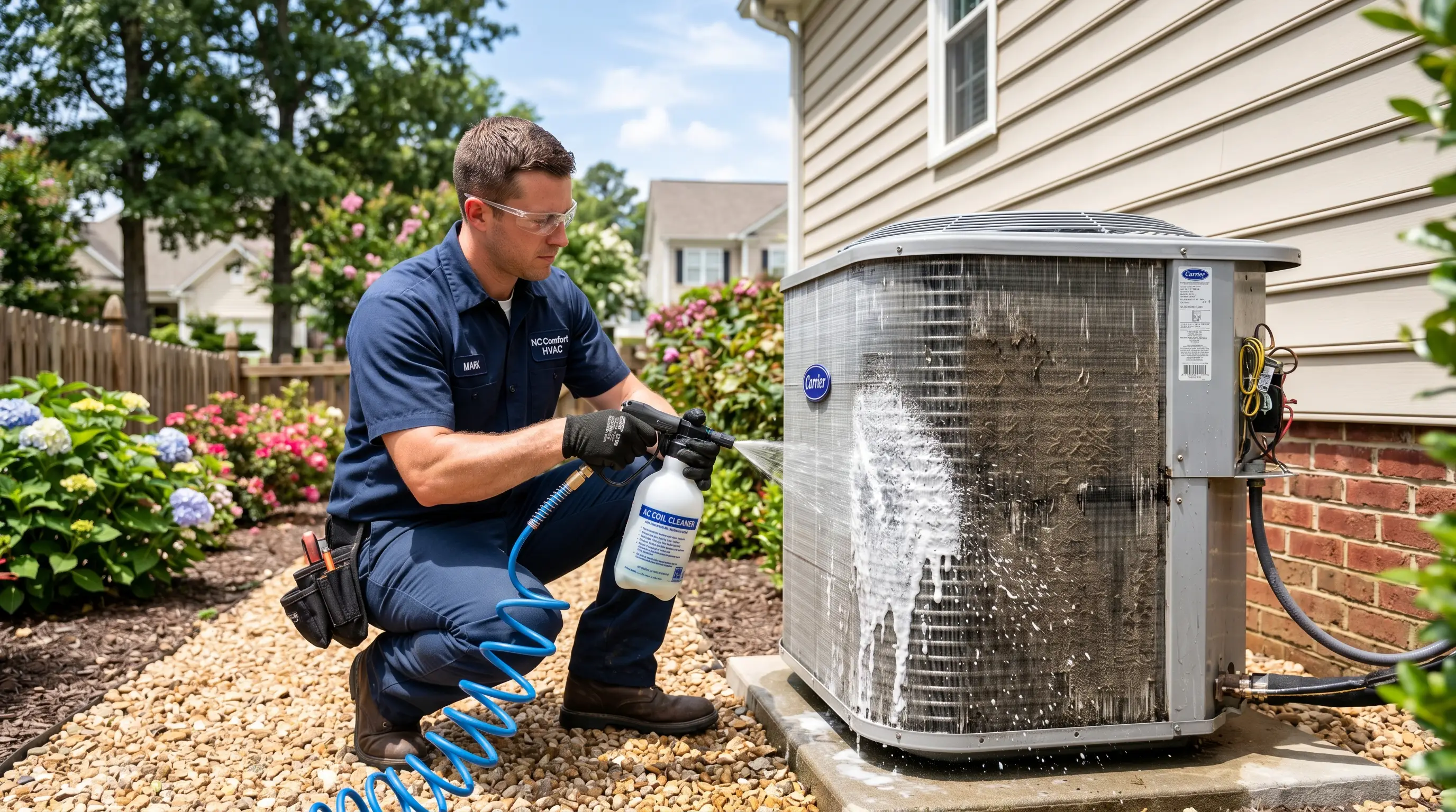 HVAC technician using a coil-cleaning chemical sprayer and water rinse on the fins of an outdoor AC condenser during a tune-up