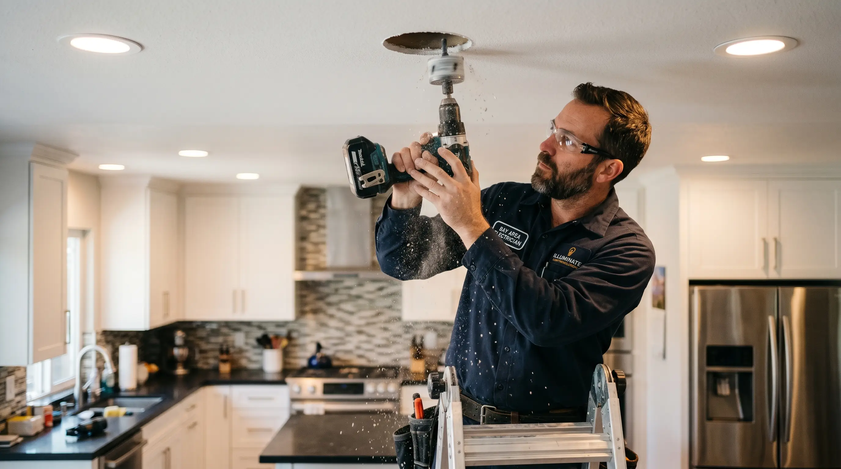 Electrician using a hole saw to cut a new recessed LED can opening in a kitchen ceiling during a lighting installation