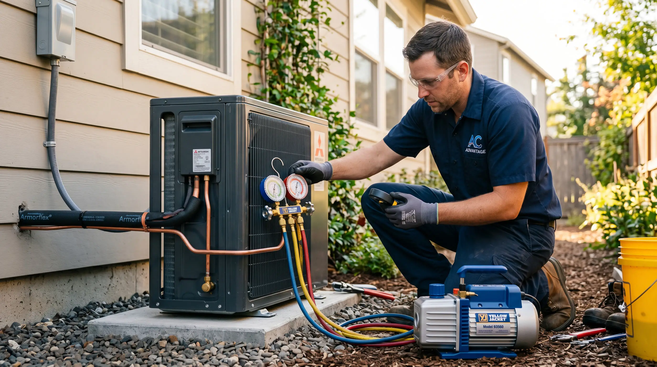 HVAC technician using a vacuum pump and manifold gauges to evacuate refrigerant lines during a mini-split installation