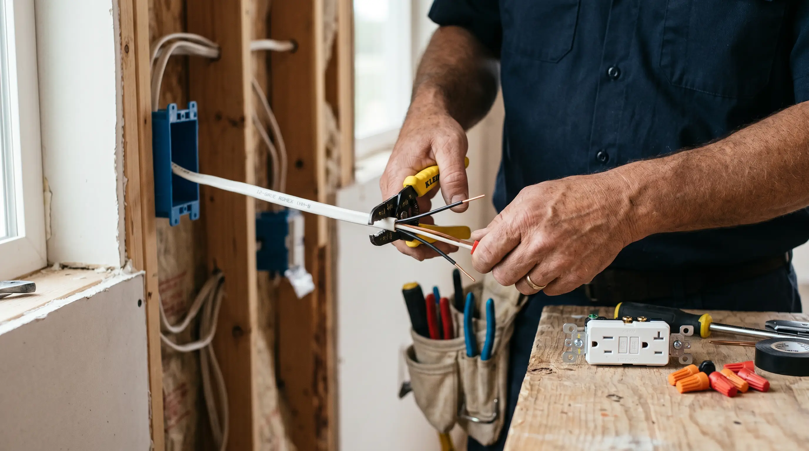 Electrician's hands stripping 12-gauge Romex cable with wire strippers next to a new GFCI outlet and wire nuts