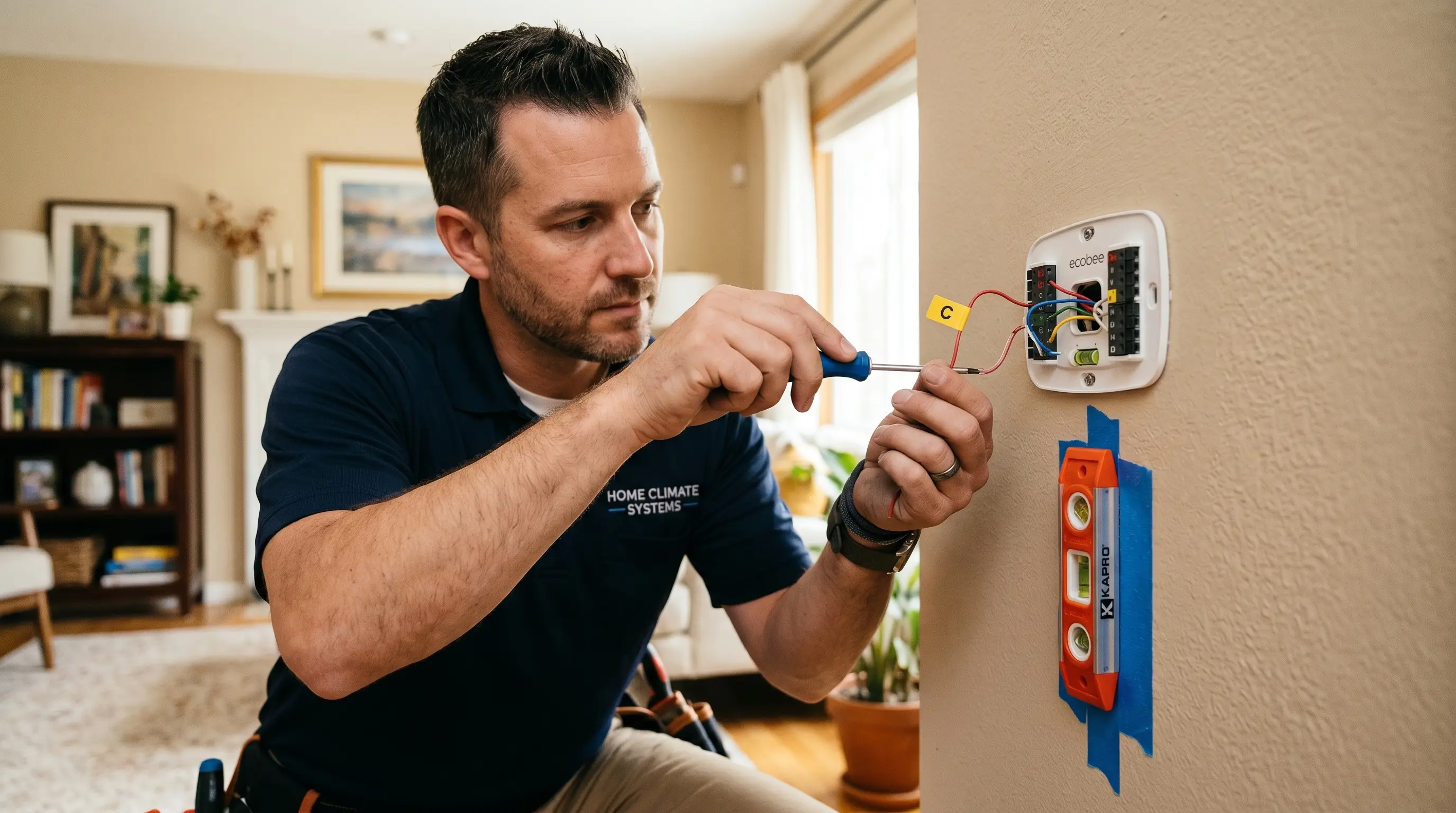 Technician using a small screwdriver to wire the back plate of a smart thermostat with exposed thermostat wiring including the C-wire