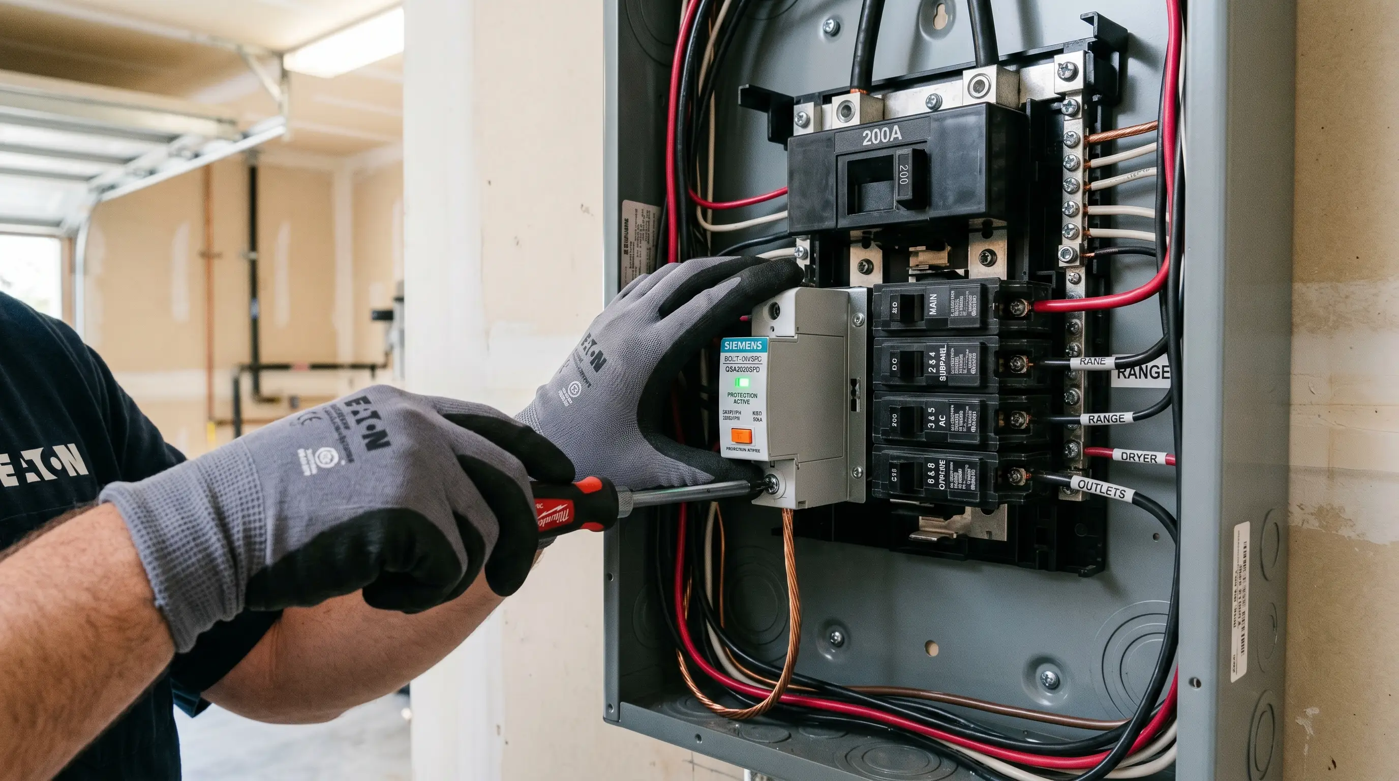 Close-up of a Type 2 whole-house surge protective device mounted next to the main breaker with a lit green status LED