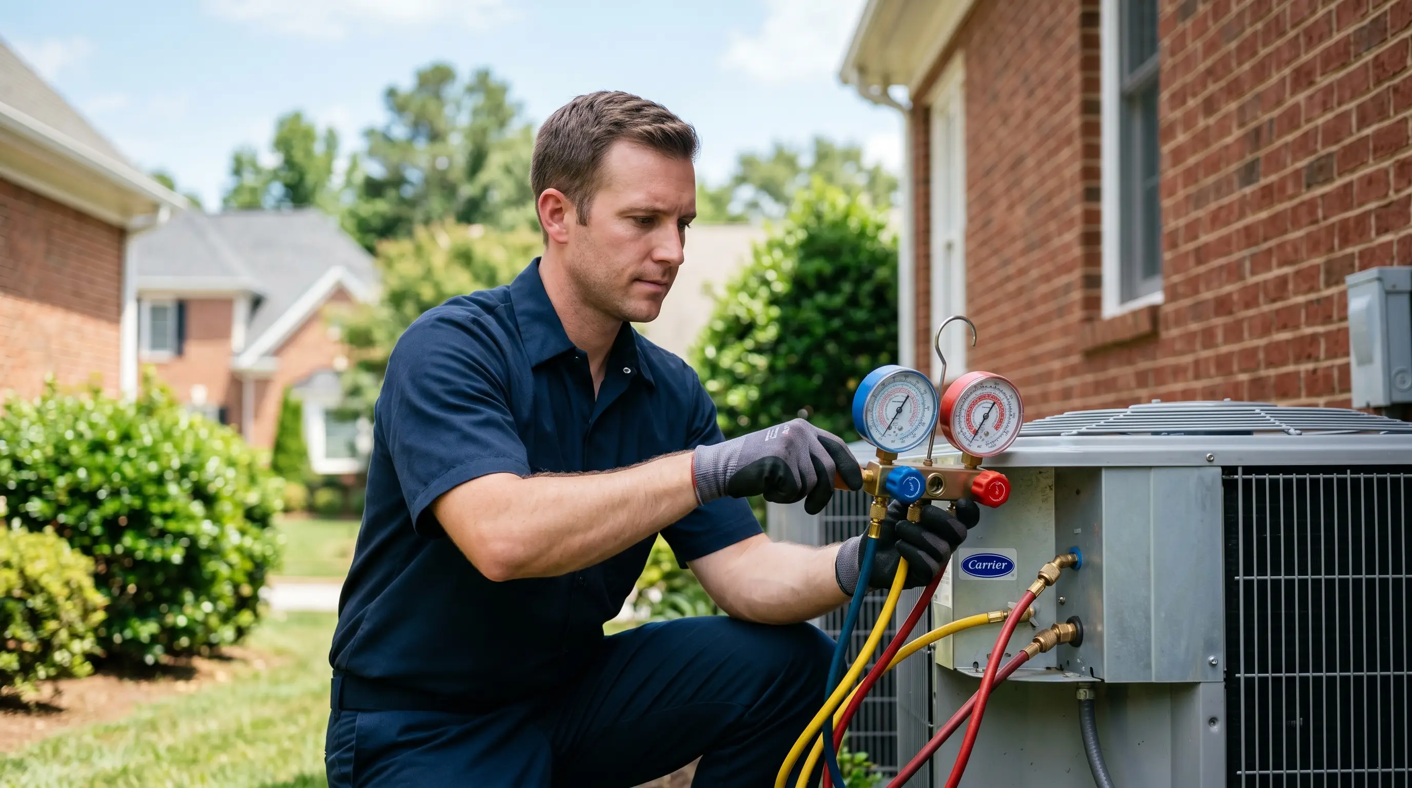 AC repair in Mooresville, NC — licensed HVAC technician diagnosing an outdoor air conditioner condenser with manifold gauges