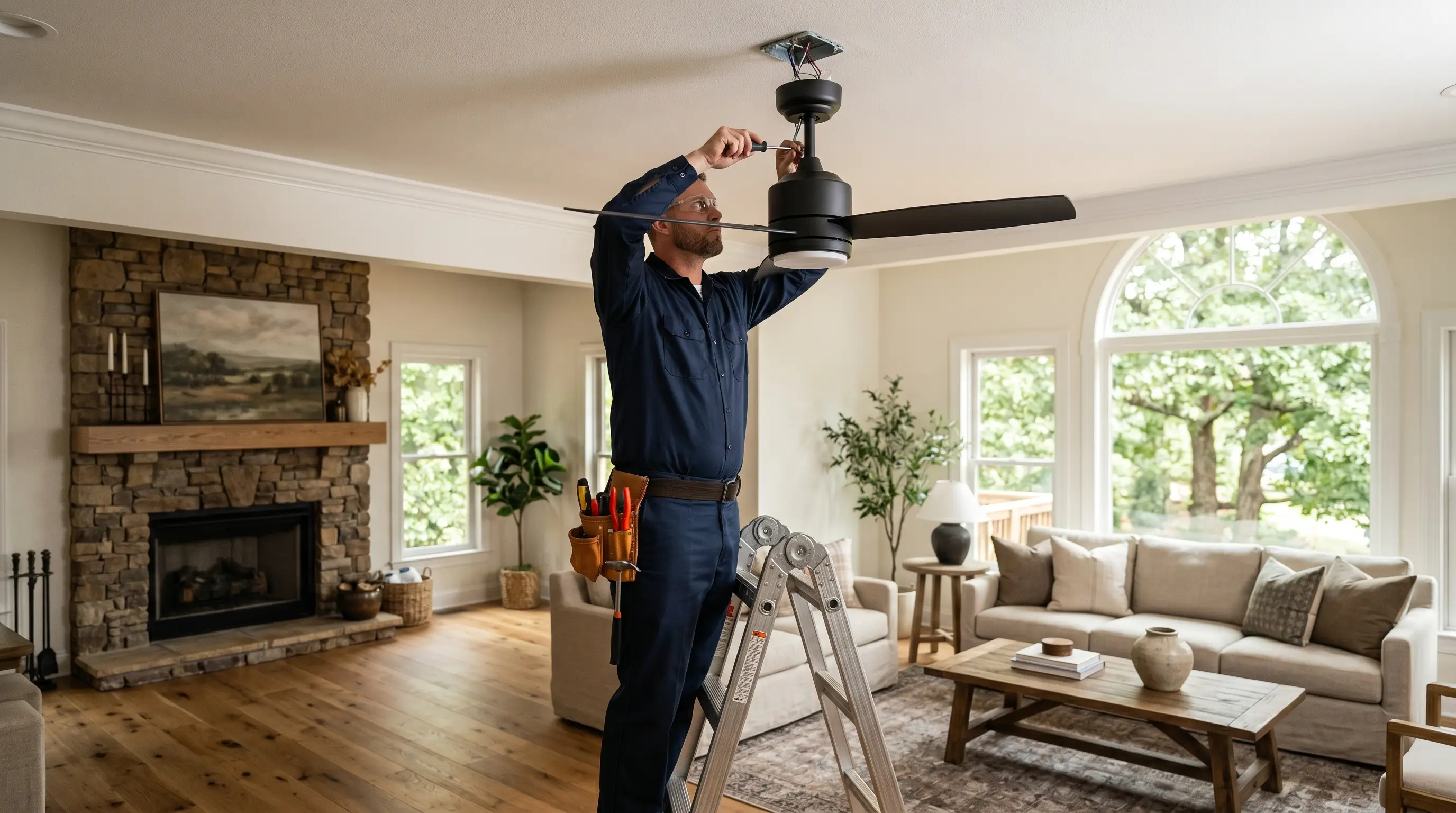 Ceiling fan installation in Mooresville, NC — licensed electrician on a step ladder mounting a modern ceiling fan in a living room