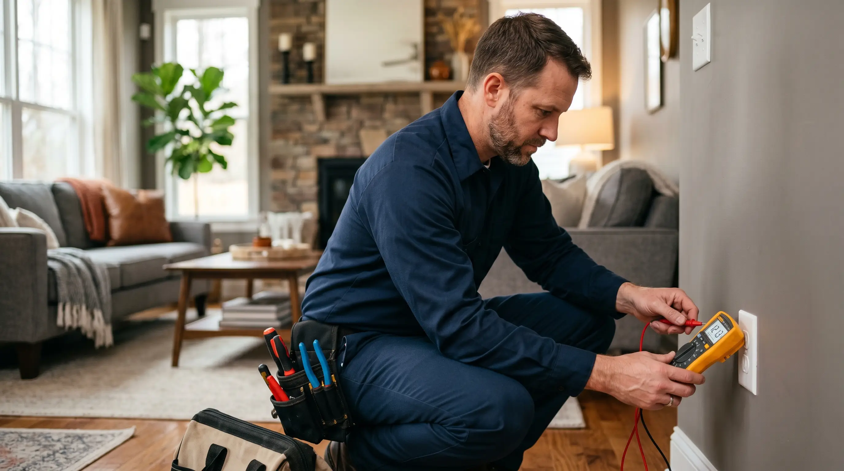 Electrical repair in Mooresville, NC — licensed electrician testing a wall outlet with a digital multimeter