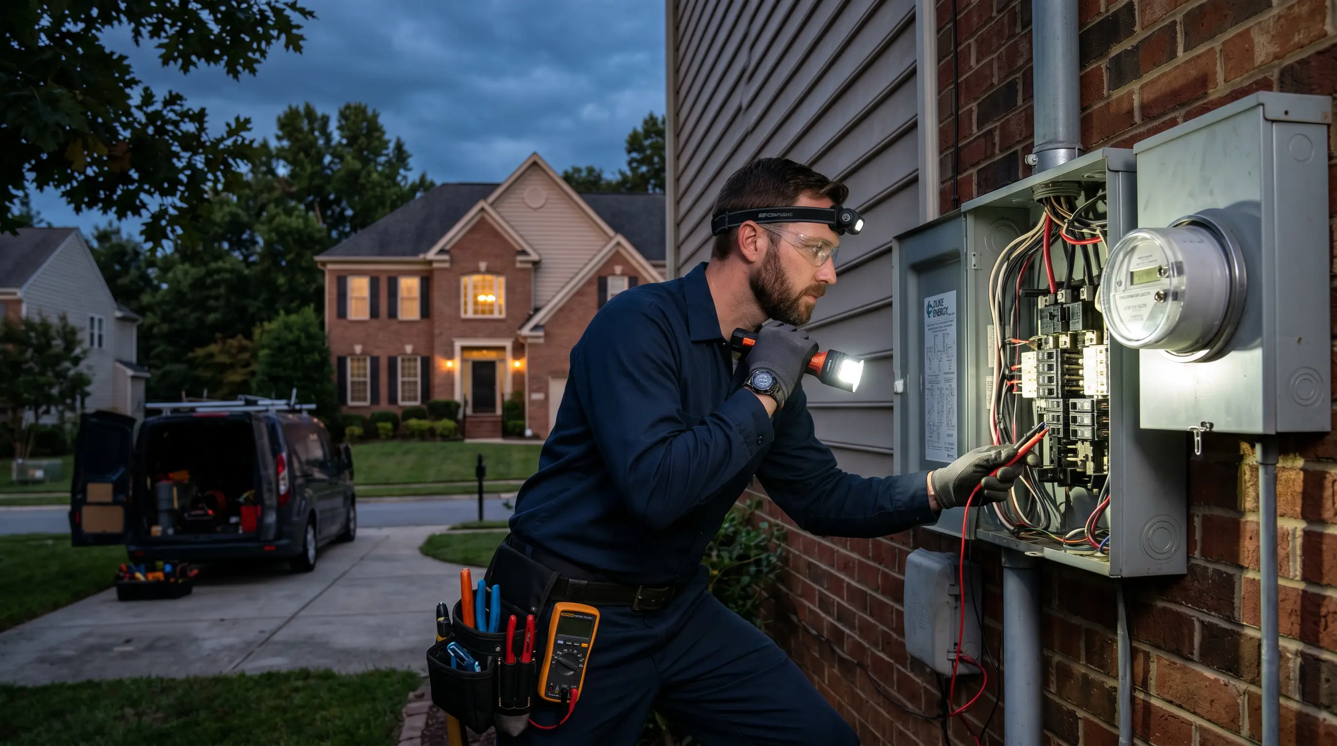 24/7 emergency electrical service in Charlotte, NC — electrician with work flashlight responding to a service entrance at night