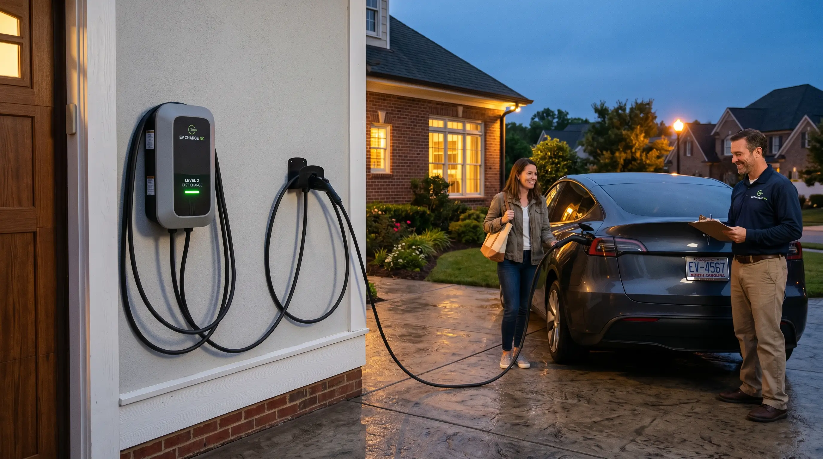 EV charger installation in Charlotte, NC — Level 2 EV charger mounted on a home garage wall with electric vehicle plugged in