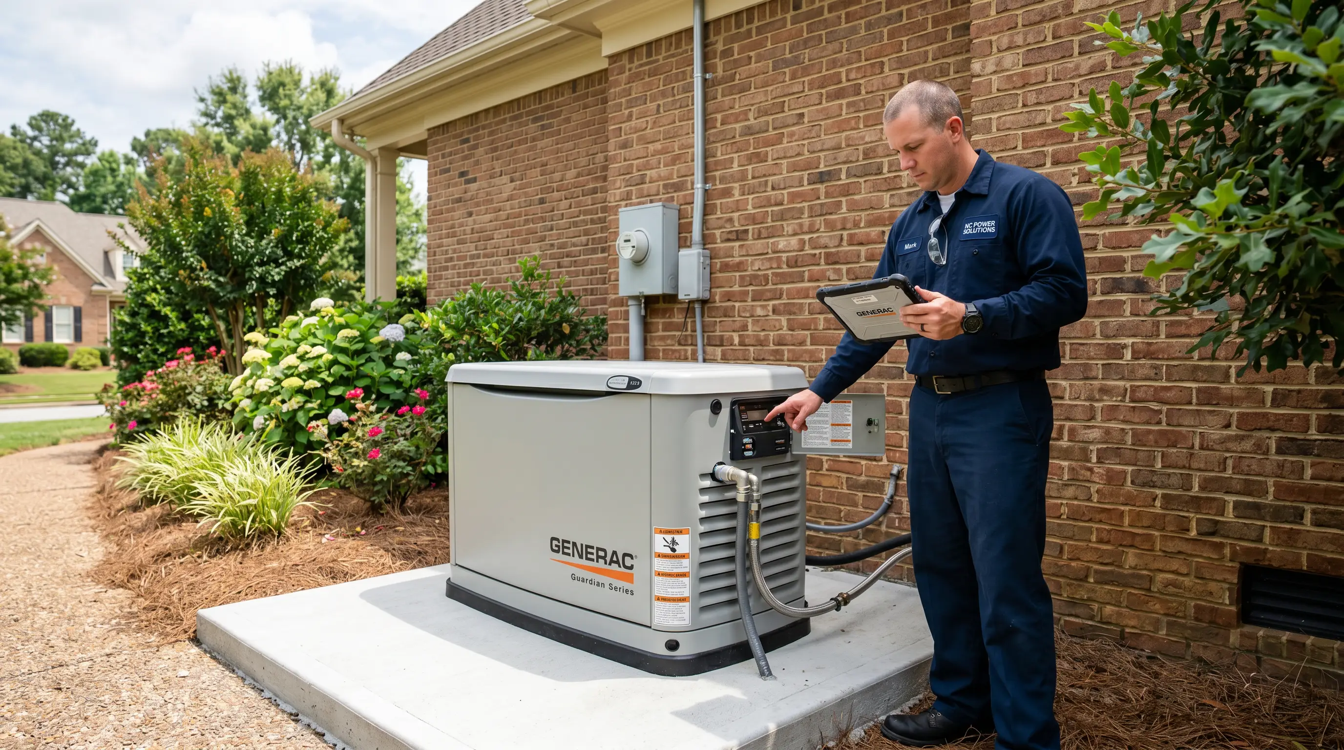 Whole-home generator installation in Charlotte, NC — Generac standby generator on a concrete pad beside a Carolina brick home