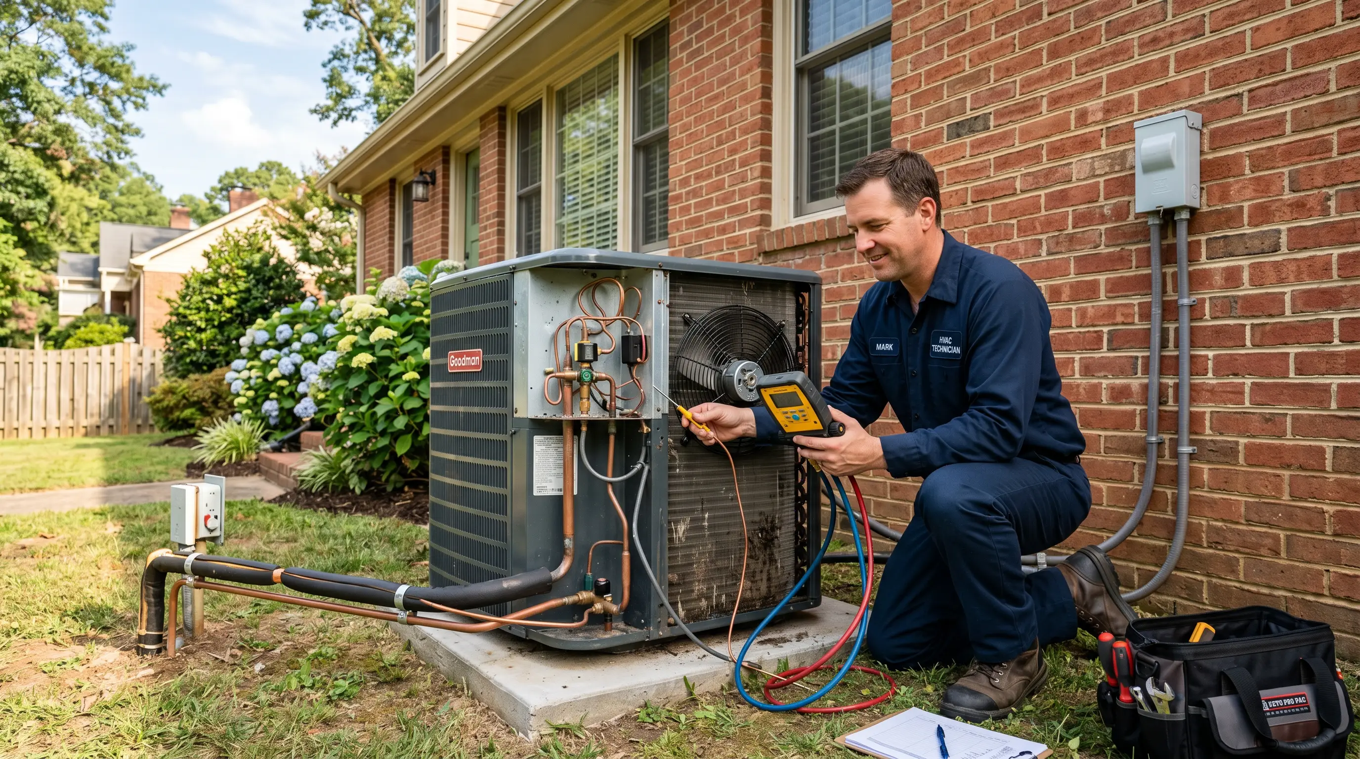Heat pump service in Charlotte, NC — HVAC technician inspecting an outdoor heat pump condenser at a Carolina home