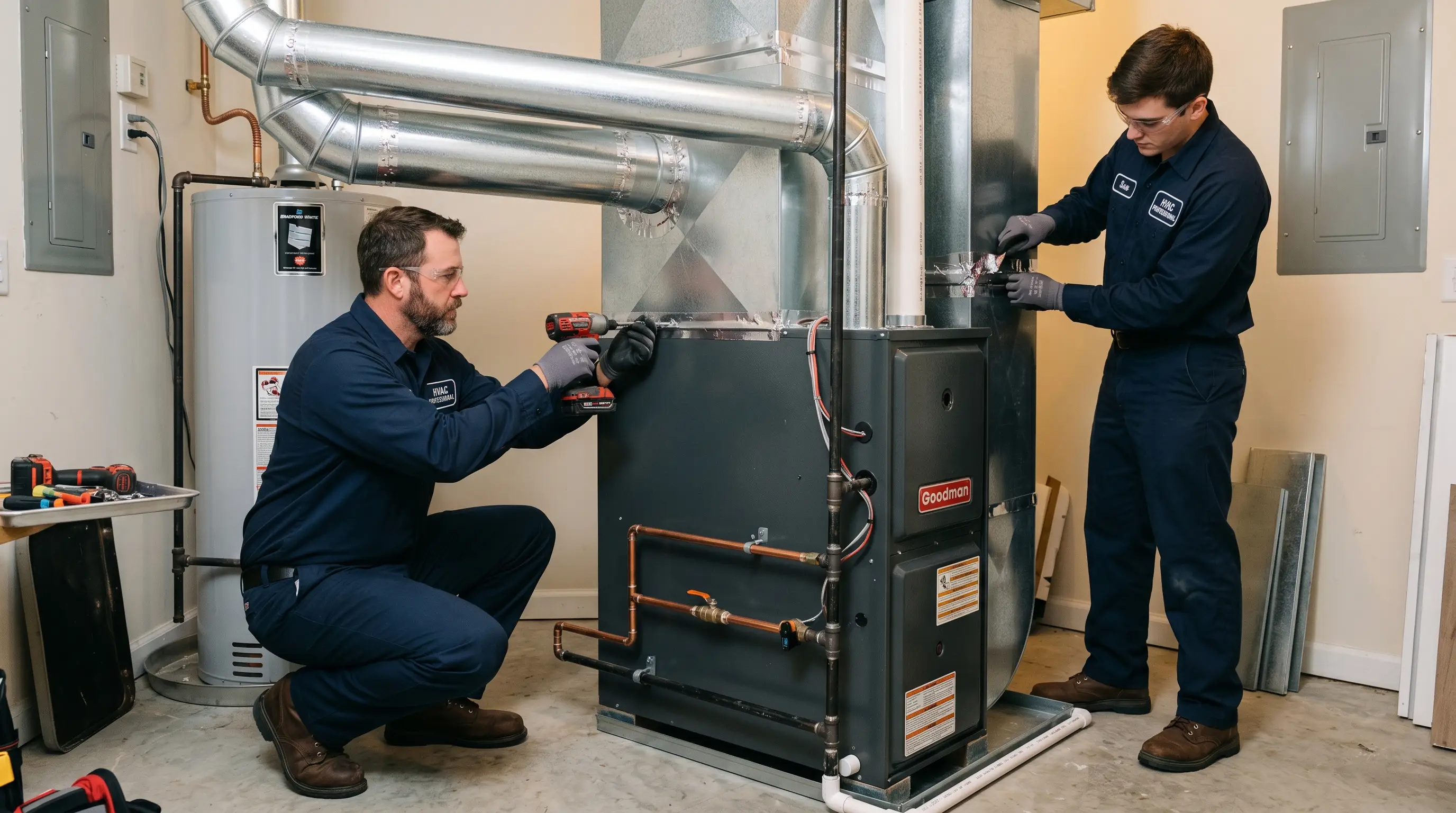 Heating installation in Mooresville, NC — HVAC technicians installing a new high-efficiency gas furnace in a home mechanical room
