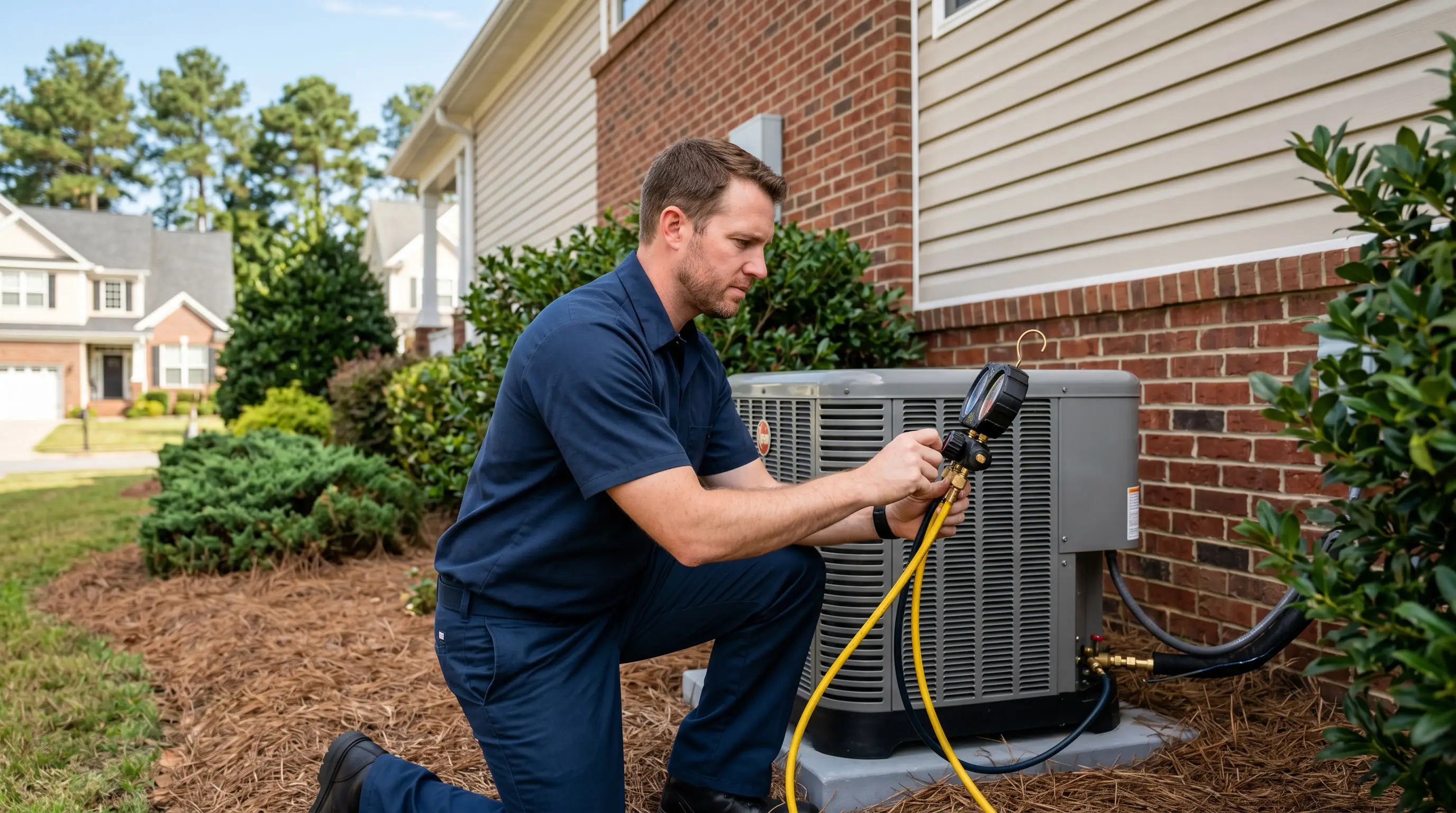 HVAC company in Mooresville & Charlotte, NC — licensed HVAC technician servicing an outdoor AC condenser at a Carolina home