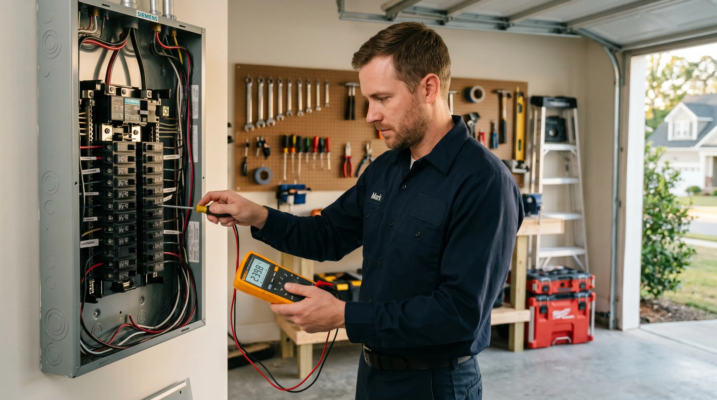 Electrician in Mooresville & Charlotte, NC — licensed master electrician working on a 200-amp residential electrical service panel