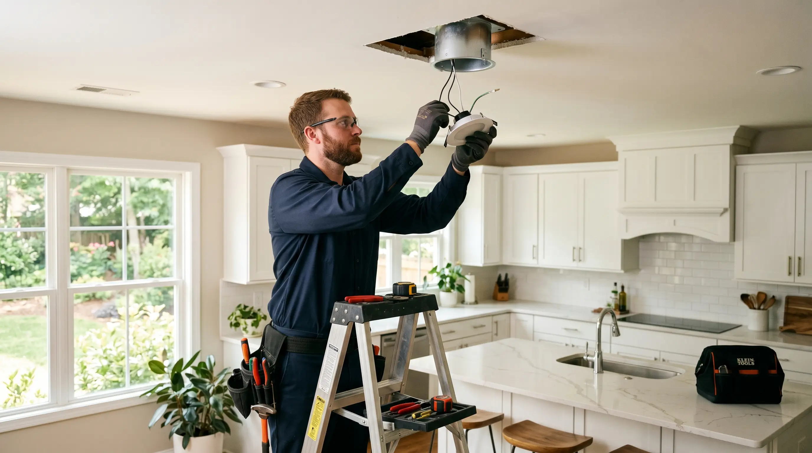 Lighting installation in Mooresville, NC β licensed electrician installing recessed LED can lights in a modern kitchen ceiling