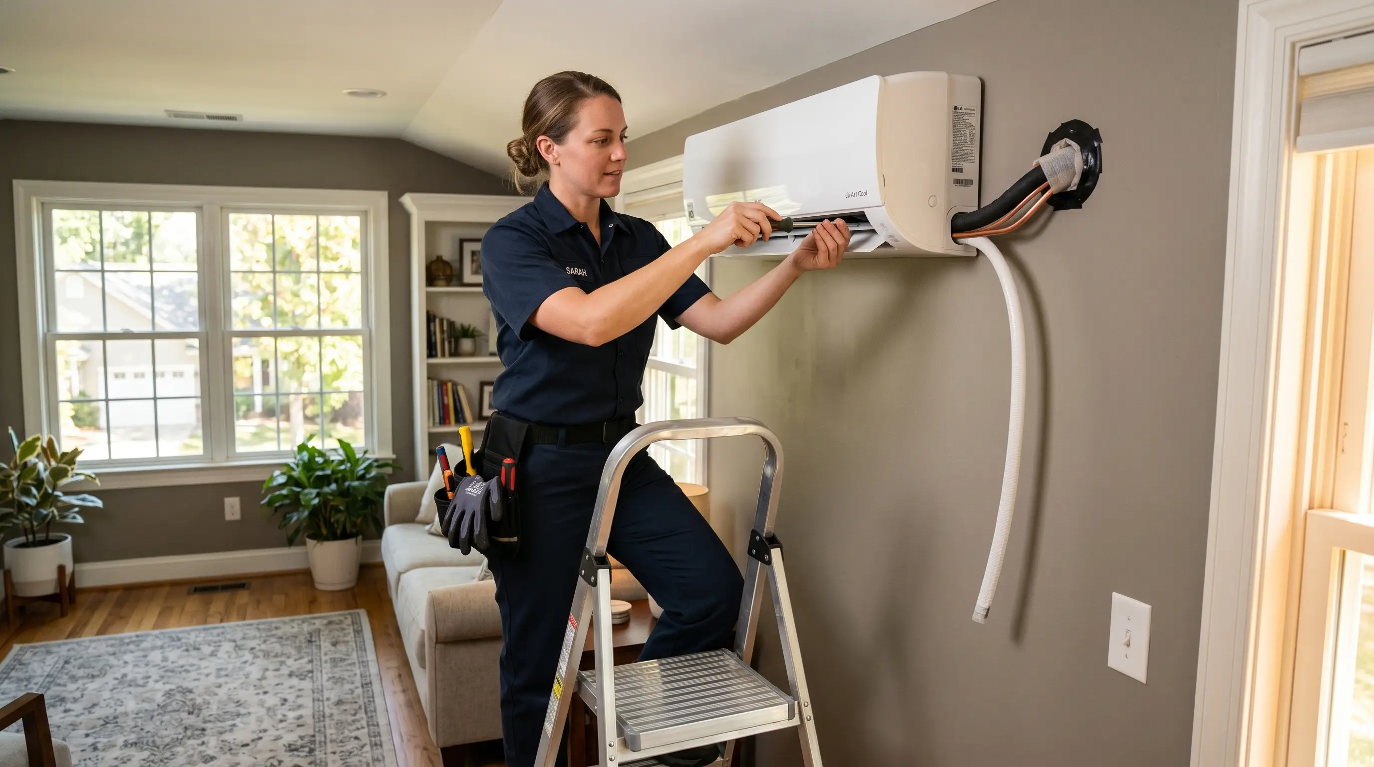 Mini-split installation in Charlotte, NC — HVAC technician mounting a ductless mini-split indoor head on a wall