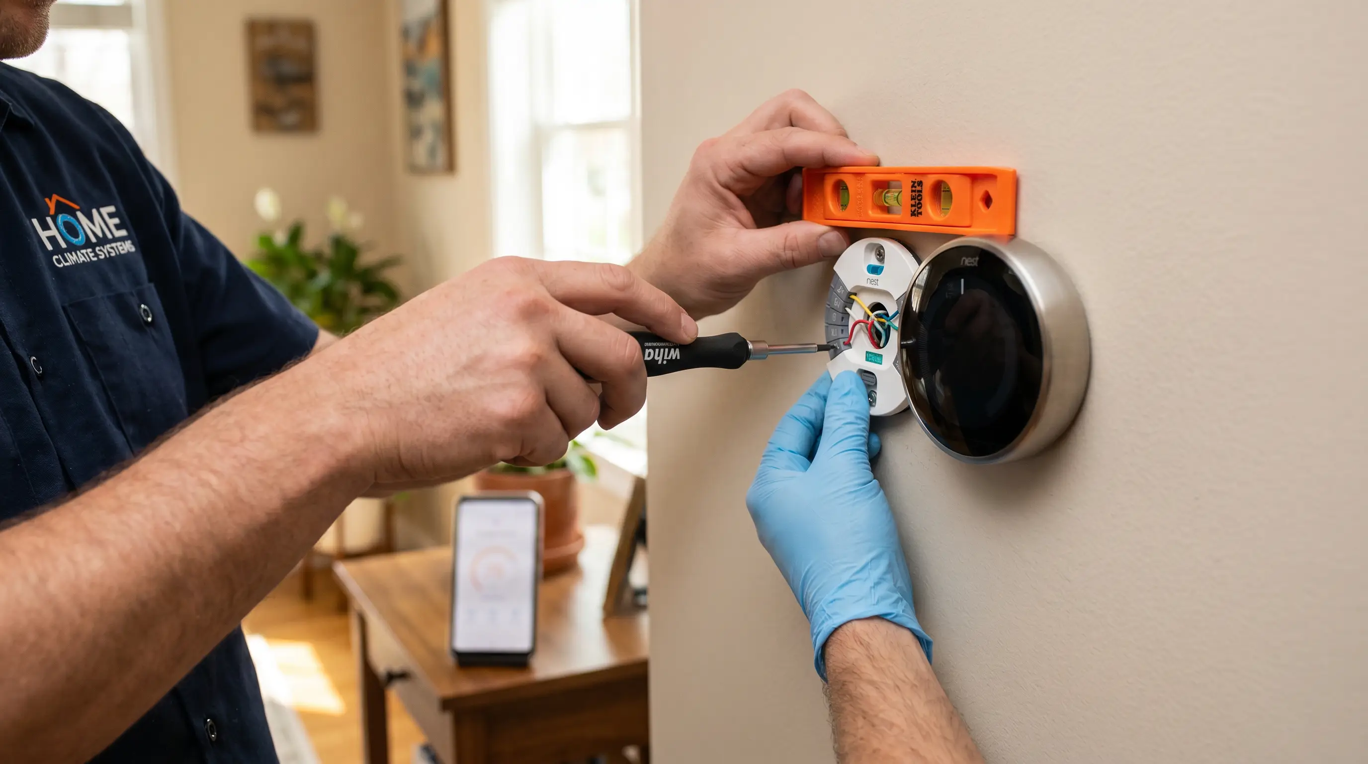 Smart thermostat installation in Mooresville, NC — technician's hands installing a Nest/Ecobee-style smart thermostat on a home wall