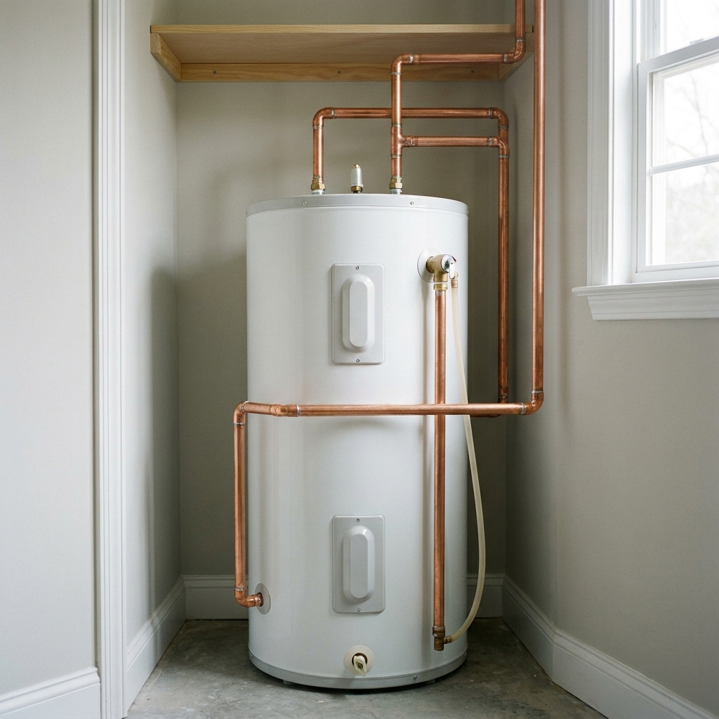 Brand new 50-gallon white traditional tank water heater professionally installed by Total Plumbing Pros in a Mooresville, NC residential utility closet — code-compliant copper piping, temperature-pressure relief valve, typical installed cost $1,200 to $2,500 with the $300 water heater buy back applied