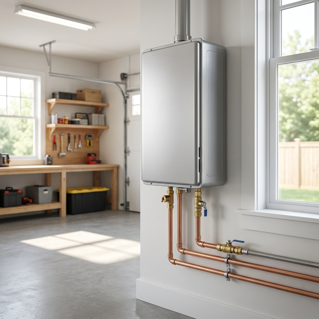 Sleek wall-mounted tankless water heater installation by Total Plumbing Pros in a Charlotte, NC home — factory-trained on Rinnai, Navien, Noritz, and Bosch, with typical installed cost of $3,000 to $6,500 and the $300 water heater buy back credited toward the upgrade in Mooresville, Lake Norman, and the Carolinas