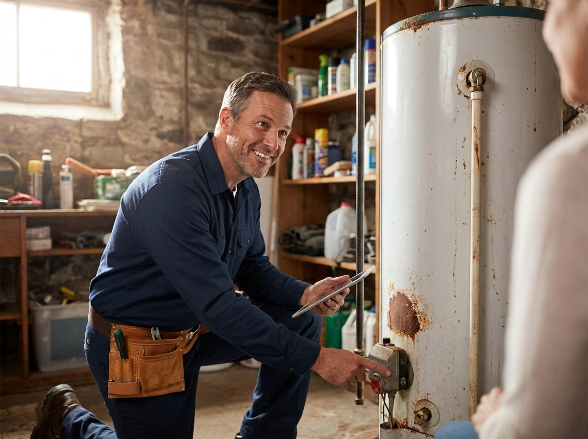 Licensed Total Plumbing Pros plumber technician inspecting an old rusty residential tank water heater during a free in-home estimate in Mooresville, NC — we buy back any brand and any age water heater for $300 toward your new tank or tankless installation across Charlotte, Lake Norman, and the Carolinas