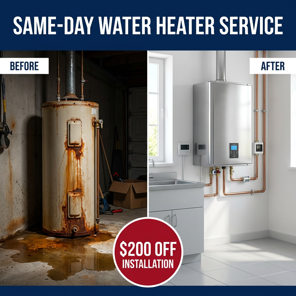 Before and after: old corroded water heater replaced with a new unit by Total Plumbing in Mooresville NC