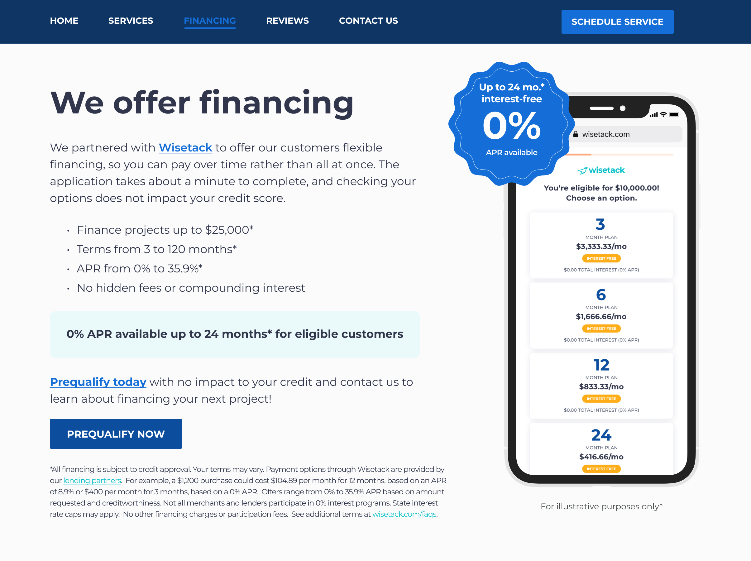 Wisetack 0% APR financing offer example for a plumbing project through Total Plumbing Pros — promotional 0% APR available for qualified applicants in Mooresville, Charlotte and Lake Norman NC