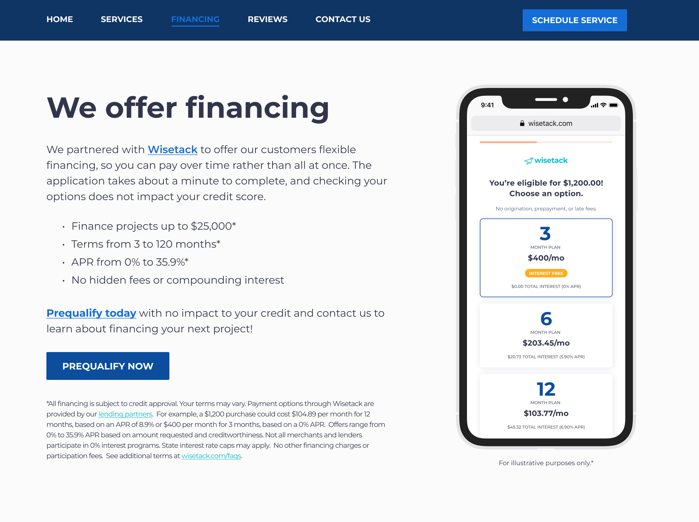 Wisetack mobile prequalification screen showing soft-credit-check loan options for a plumbing project — Total Plumbing Pros customers in Mooresville and Charlotte NC can apply in about one minute with no impact to credit score